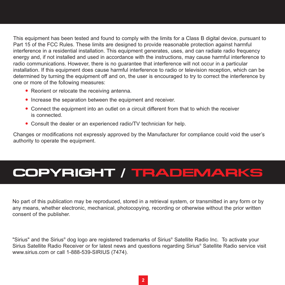 Copyright / trademarks | Sirius Satellite Radio XS097 User Manual | Page 2 / 36