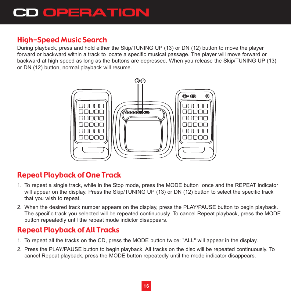 Cd operation, High-speed music search, Repeat playback of one track | Repeat playback of all tracks | Sirius Satellite Radio XS097 User Manual | Page 22 / 36