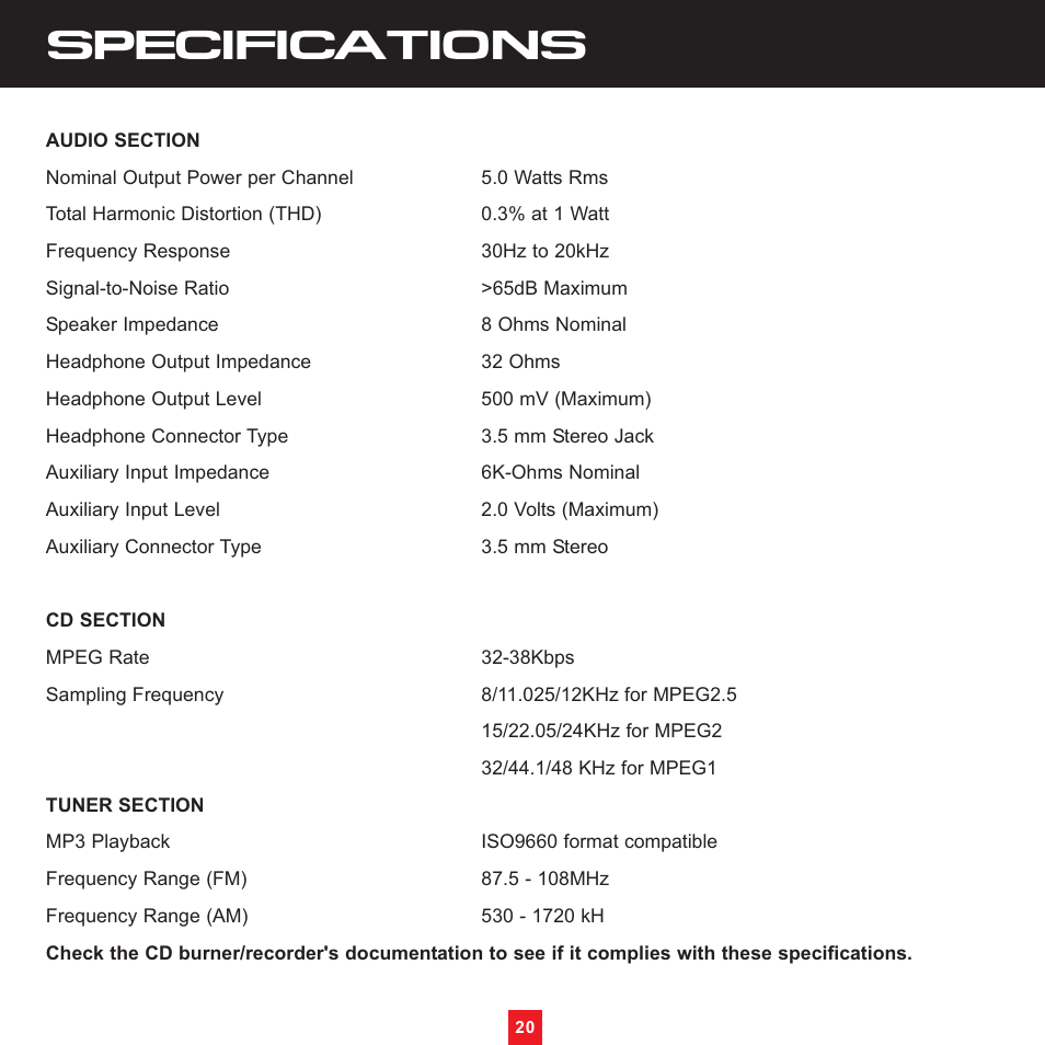 Specifications | Sirius Satellite Radio XS097 User Manual | Page 26 / 36