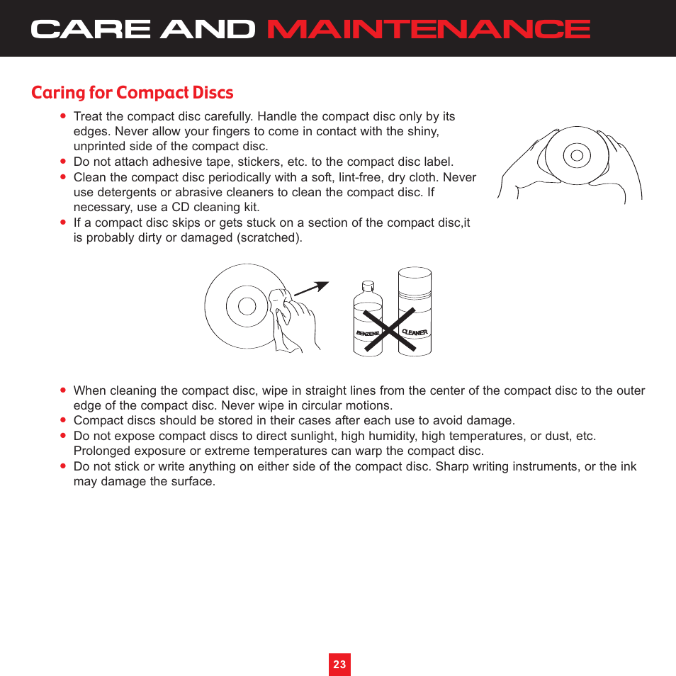 Care and maintenance, Caring for compact discs | Sirius Satellite Radio XS097 User Manual | Page 29 / 36