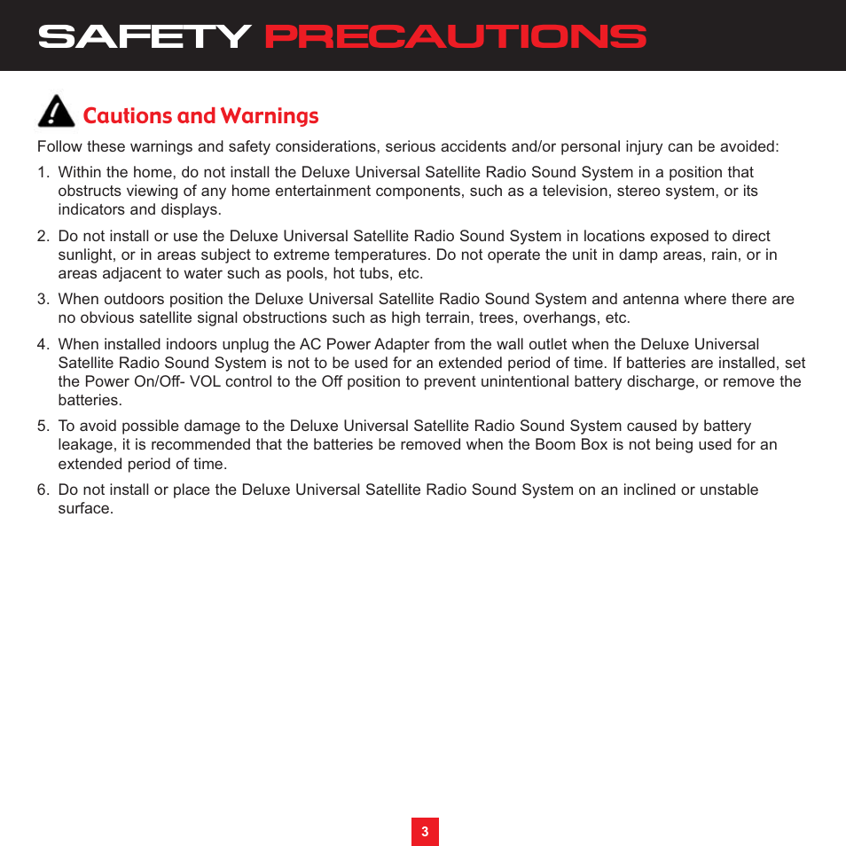 Safety precautions, Cautions and warnings | Sirius Satellite Radio XS097 User Manual | Page 3 / 36