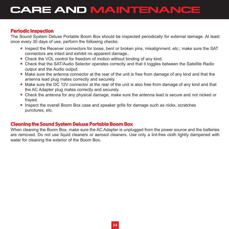 Care and maintenance | Sirius Satellite Radio XS097 User Manual | Page 30 / 36