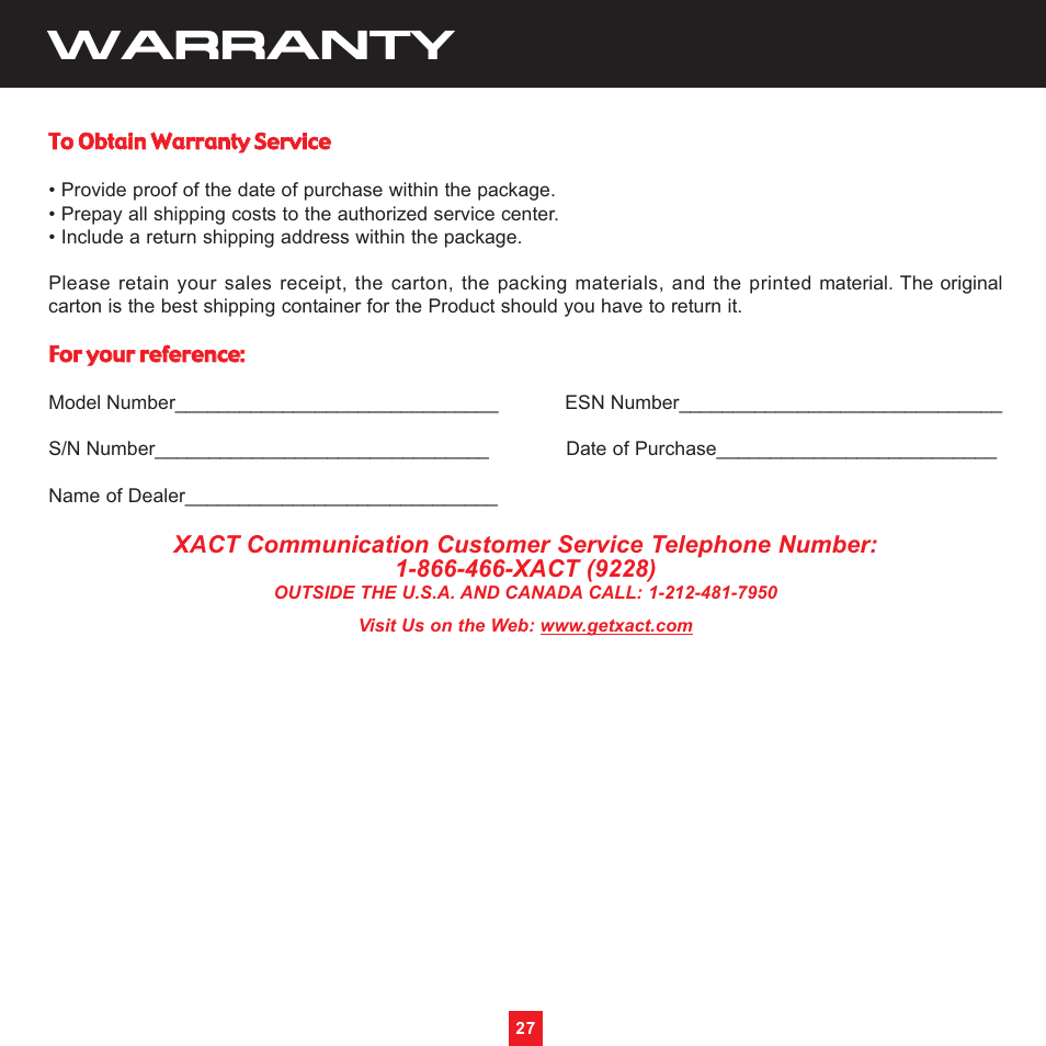 Warranty | Sirius Satellite Radio XS097 User Manual | Page 33 / 36