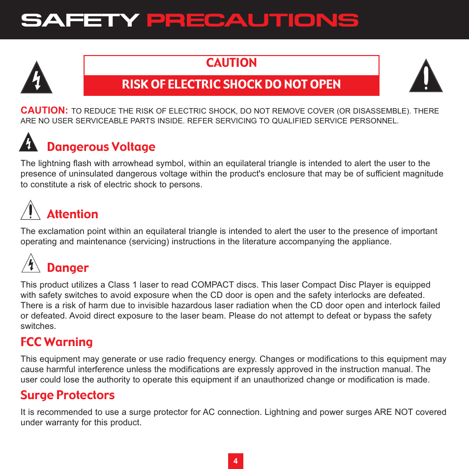 Safety precautions, Dangerous voltage, Attention | Danger, Fcc warning, Surge protectors, Risk of electric shock do not open caution | Sirius Satellite Radio XS097 User Manual | Page 4 / 36