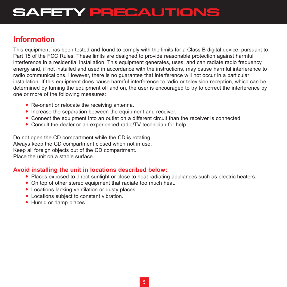 Safety precautions, Information | Sirius Satellite Radio XS097 User Manual | Page 5 / 36
