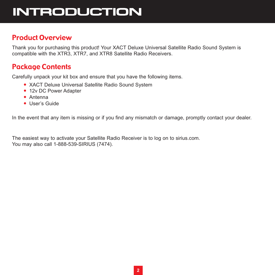 Introduction, Product overview, Package contents | Sirius Satellite Radio XS097 User Manual | Page 8 / 36