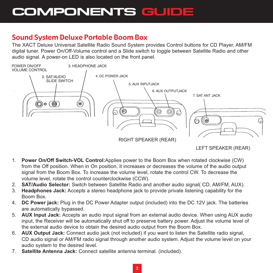 Components guide, Sound system deluxe portable boom box | Sirius Satellite Radio XS097 User Manual | Page 9 / 36