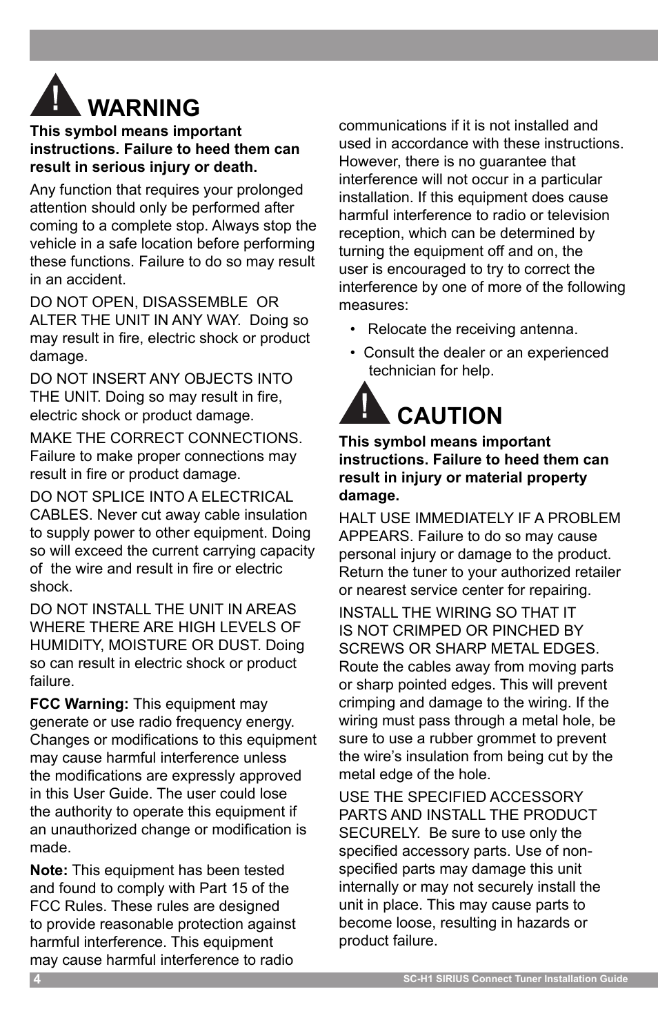 Warning, Caution | Sirius Satellite Radio SCH1 User Manual | Page 4 / 10