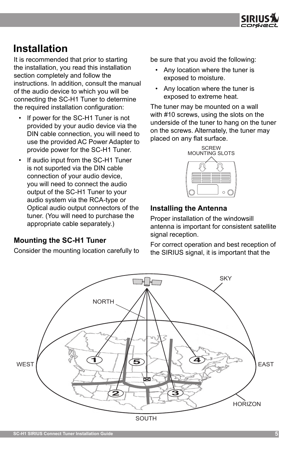 Installation, Mounting the sc-h1 tuner, Installing the antenna | Sirius Satellite Radio SCH1 User Manual | Page 5 / 10