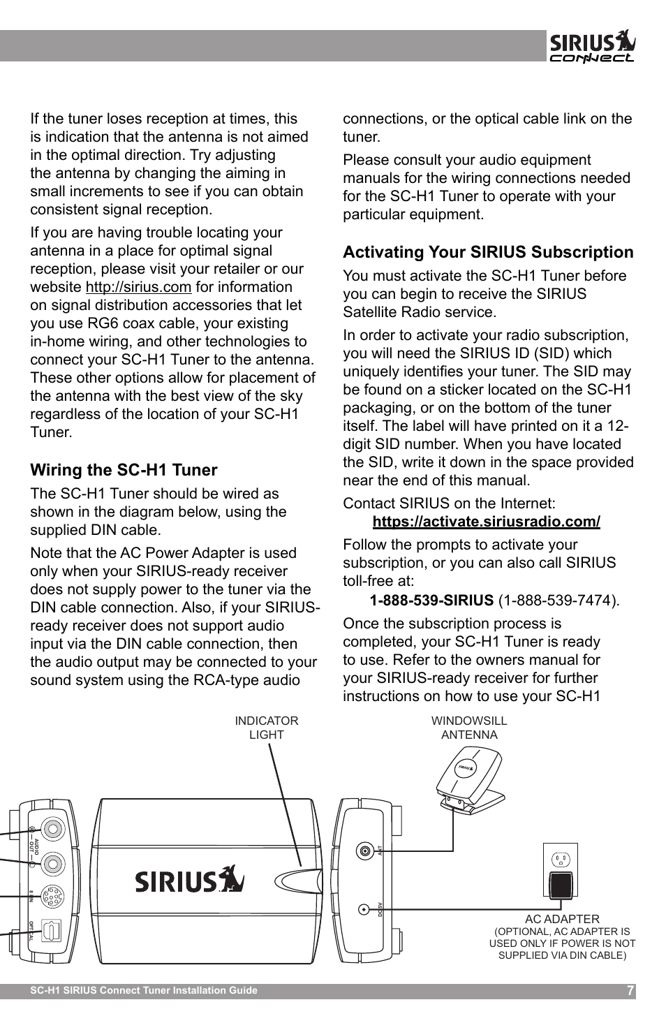 Wiring the sc-h1 tuner, Activating your sirius subscription | Sirius Satellite Radio SCH1 User Manual | Page 7 / 10