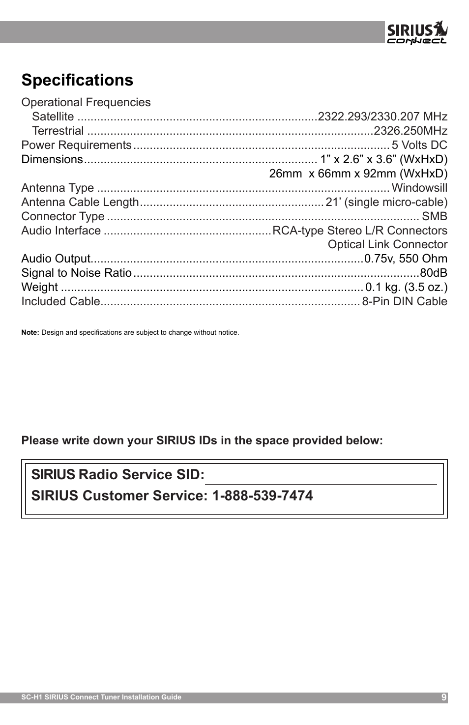 Specifications | Sirius Satellite Radio SCH1 User Manual | Page 9 / 10