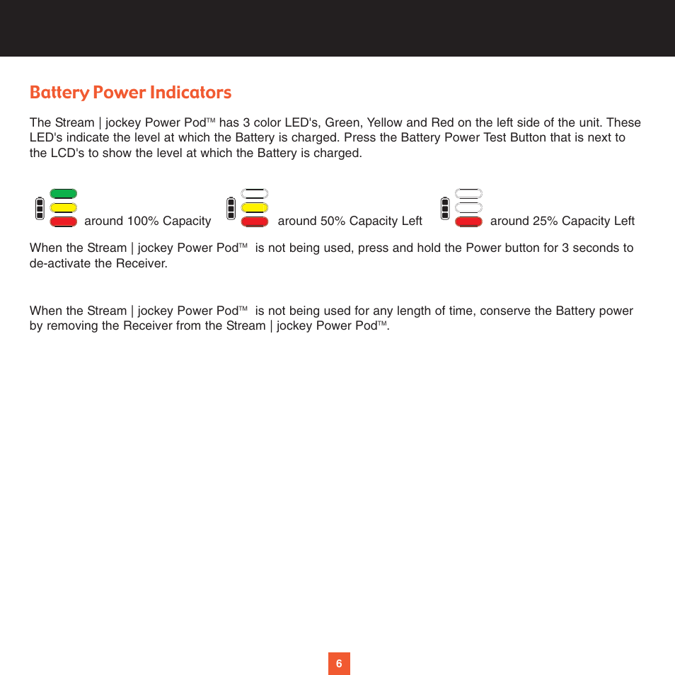 Battery power indicators | Sirius Satellite Radio STREAM | JOCKEY POWER POD XS028 User Manual | Page 11 / 20