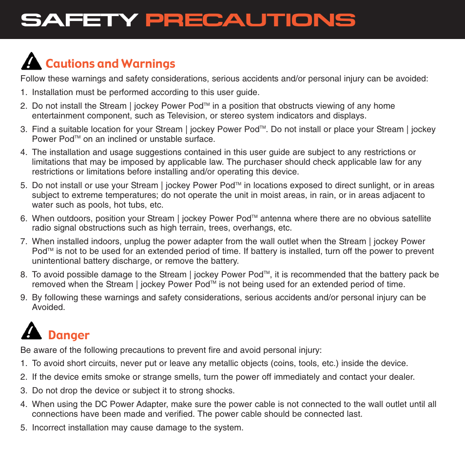 Safety precautions, Cautions and warnings, Danger | Sirius Satellite Radio STREAM | JOCKEY POWER POD XS028 User Manual | Page 4 / 20