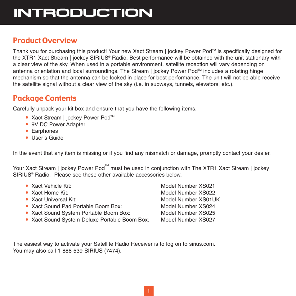 Introduction, Product overview, Package contents | Sirius Satellite Radio STREAM | JOCKEY POWER POD XS028 User Manual | Page 6 / 20