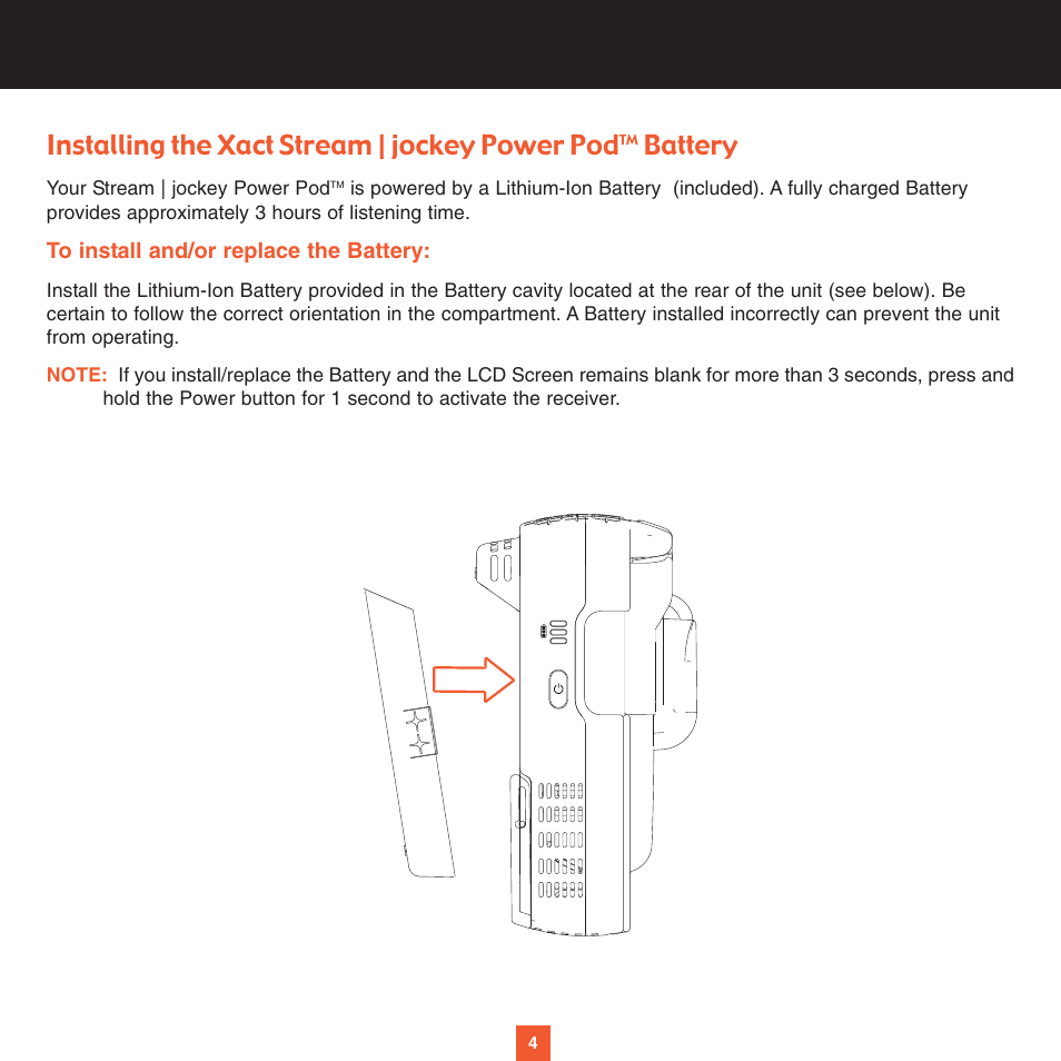 Installing the xact stream | jockey power pod, Battery | Sirius Satellite Radio STREAM | JOCKEY POWER POD XS028 User Manual | Page 9 / 20