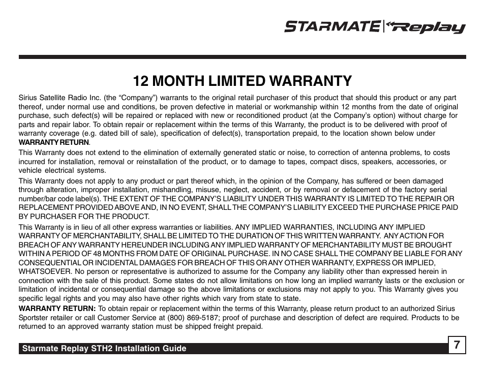 12 month limited warranty | Sirius Satellite Radio STH2 User Manual | Page 7 / 8