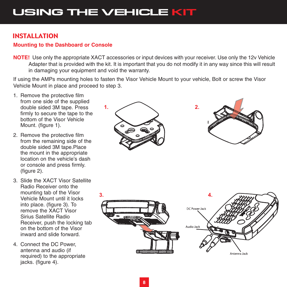 Using the vehicle kit | Sirius Satellite Radio XTR3CK User Manual | Page 12 / 36