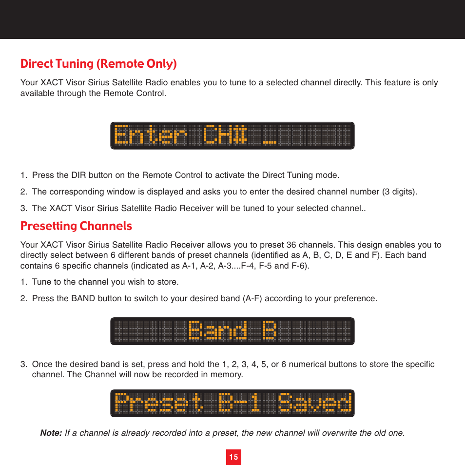 Direct tuning (remote only), Presetting channels | Sirius Satellite Radio XTR3CK User Manual | Page 19 / 36