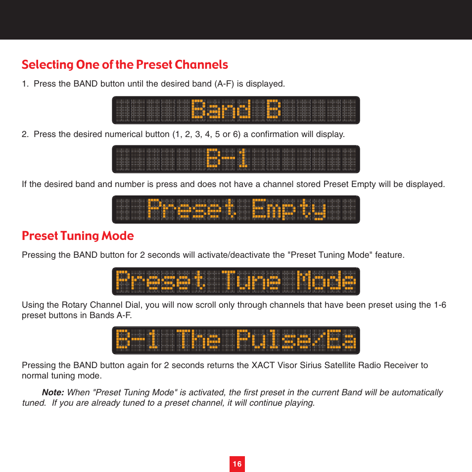 Selecting one of the preset channels, Preset tuning mode | Sirius Satellite Radio XTR3CK User Manual | Page 20 / 36