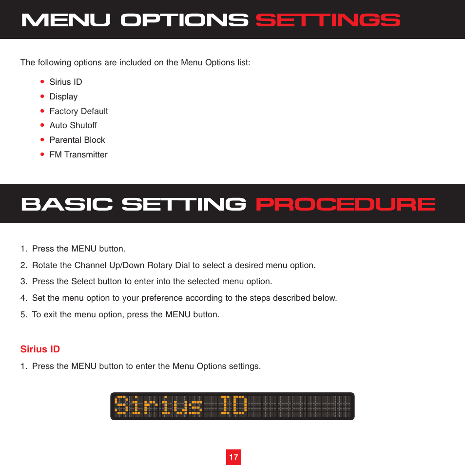 Basic setting procedure, Menu options settings | Sirius Satellite Radio XTR3CK User Manual | Page 21 / 36
