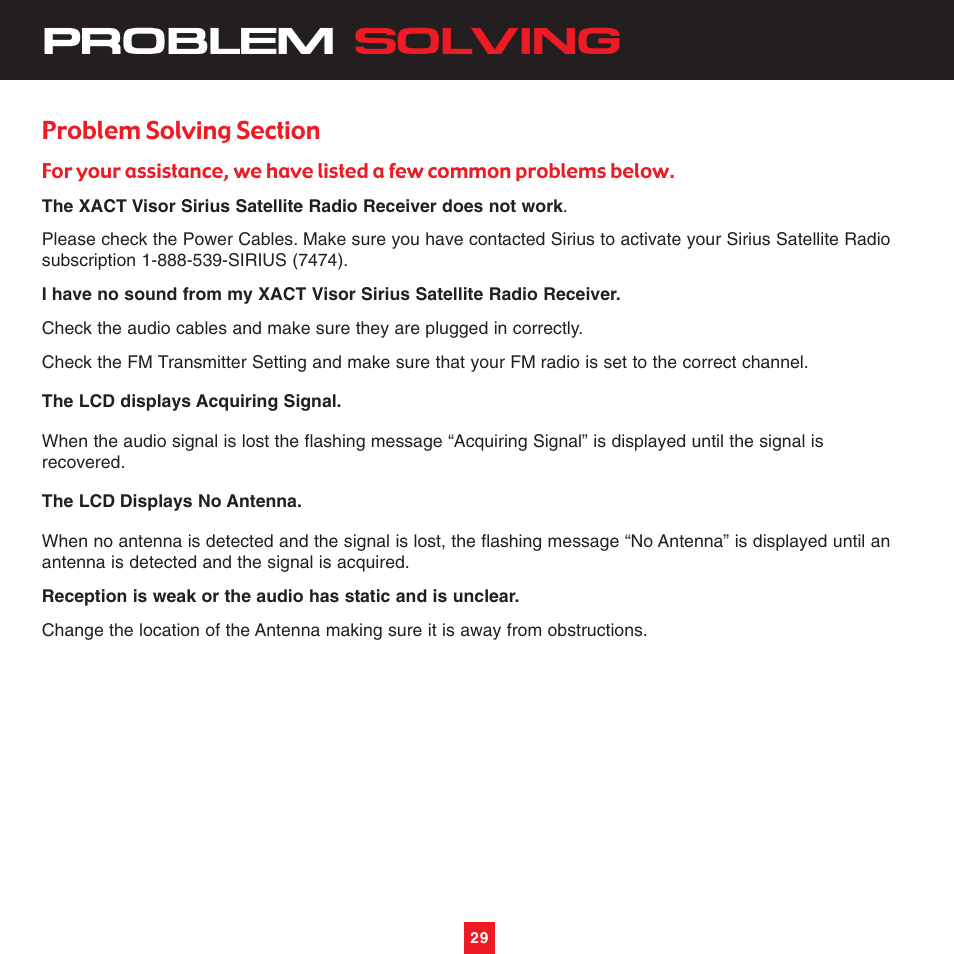 Problem solving | Sirius Satellite Radio XTR3CK User Manual | Page 33 / 36