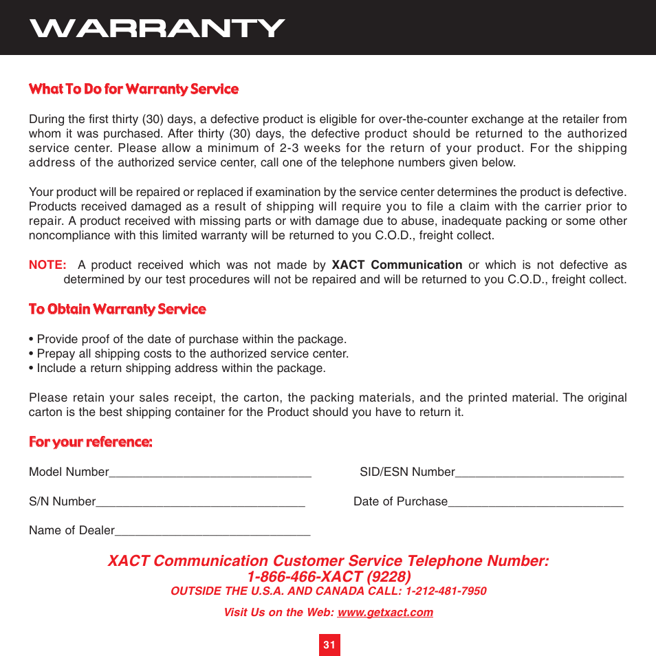 Warranty | Sirius Satellite Radio XTR3CK User Manual | Page 35 / 36