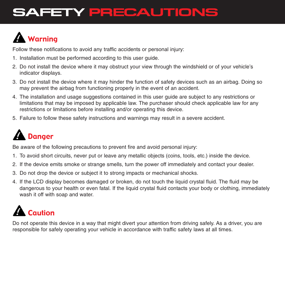 Safety precautions, Warning, Danger | Caution | Sirius Satellite Radio XTR3CK User Manual | Page 4 / 36
