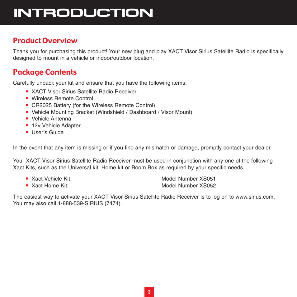 Introduction, Product overview, Package contents | Sirius Satellite Radio XTR3CK User Manual | Page 7 / 36