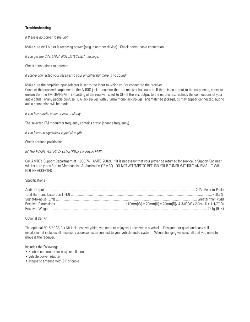 Sirius Satellite Radio EQ-SIRRCV User Manual | Page 14 / 14