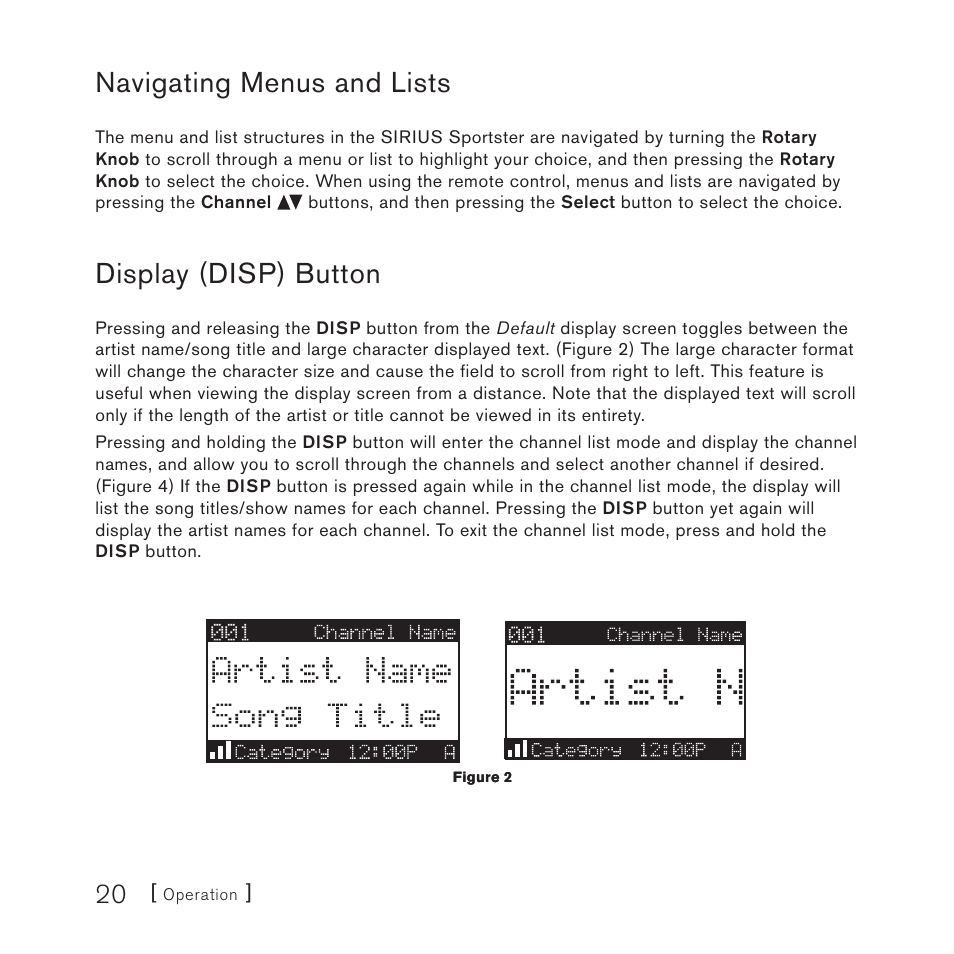 Navigating menus and lists, Display (disp) button | Sirius Satellite Radio 4 User Manual | Page 22 / 64