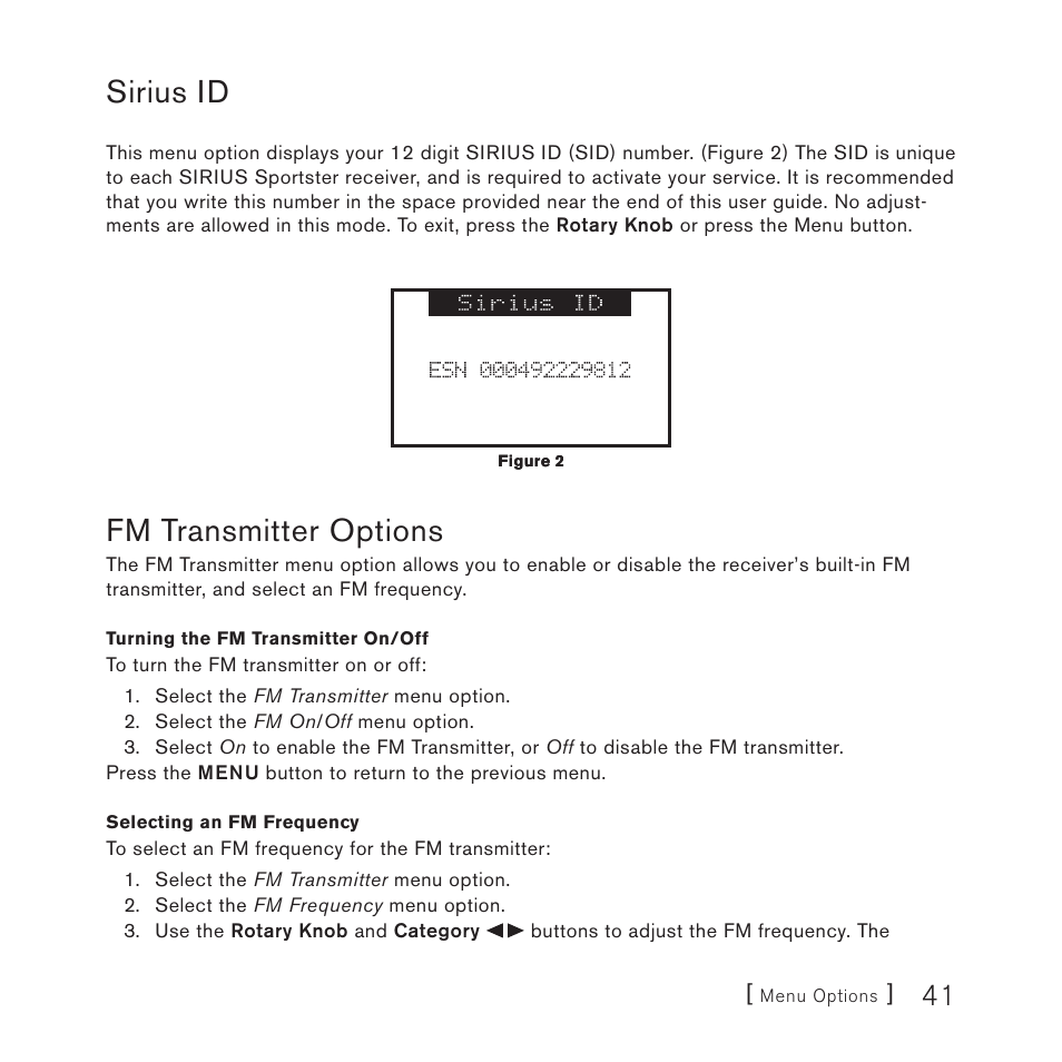 Sirius id, Fm transmitter options | Sirius Satellite Radio 4 User Manual | Page 43 / 64