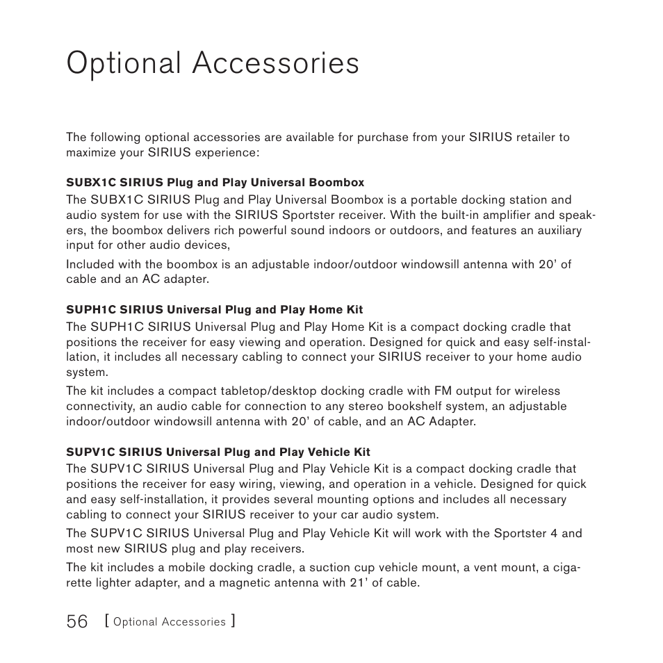 Optional accessories | Sirius Satellite Radio 4 User Manual | Page 58 / 64