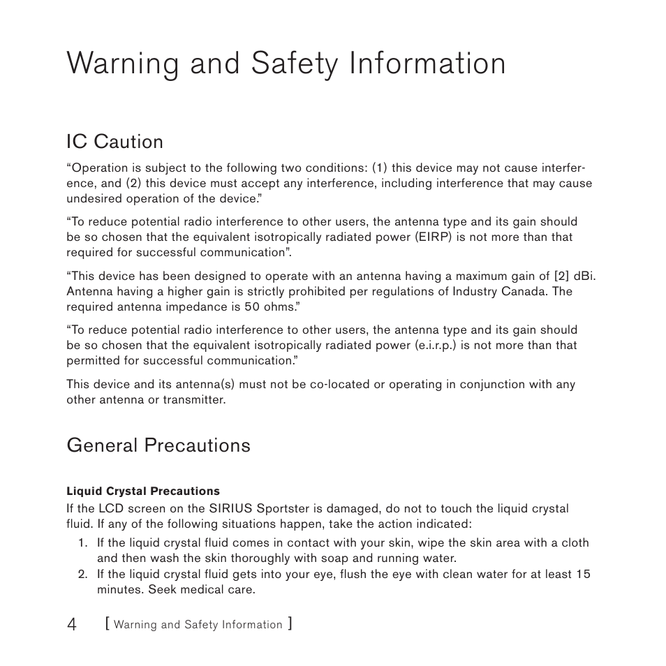 Warning and safety information, Ic caution, General precautions | Sirius Satellite Radio 4 User Manual | Page 6 / 64