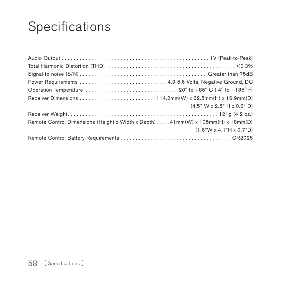 Specifications | Sirius Satellite Radio 4 User Manual | Page 60 / 64