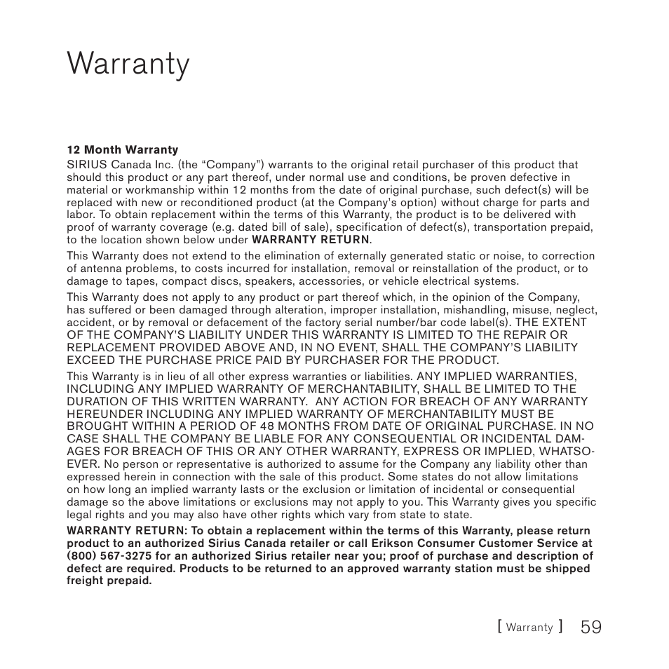 Warranty | Sirius Satellite Radio 4 User Manual | Page 61 / 64