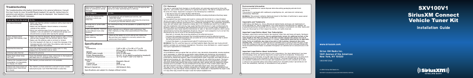 Sxv100v1 siriusxm connect vehicle tuner kit, Installation guide, Troubleshooting | Specifications | Sirius Satellite Radio SXV100 User Manual | Page 2 / 2