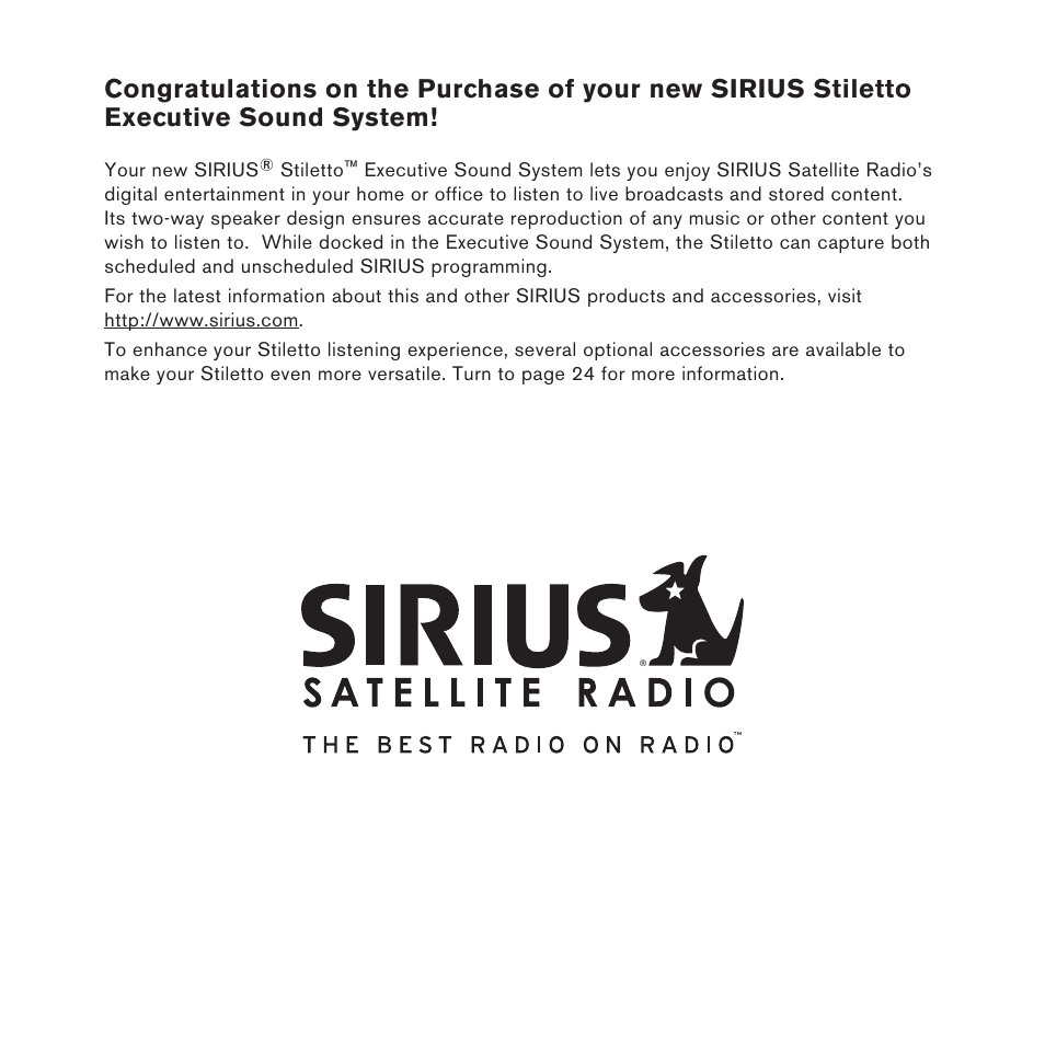 Sirius Satellite Radio E x e c u t i v e S o u n d S y s t e m User Manual | Page 2 / 32