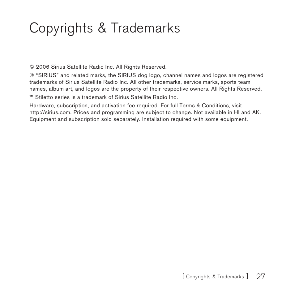 Copyrights & trademarks | Sirius Satellite Radio E x e c u t i v e S o u n d S y s t e m User Manual | Page 29 / 32