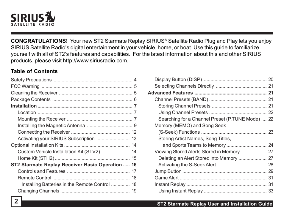 Sirius Satellite Radio STAREMATE REPLAY ST2 User Manual | Page 2 / 60