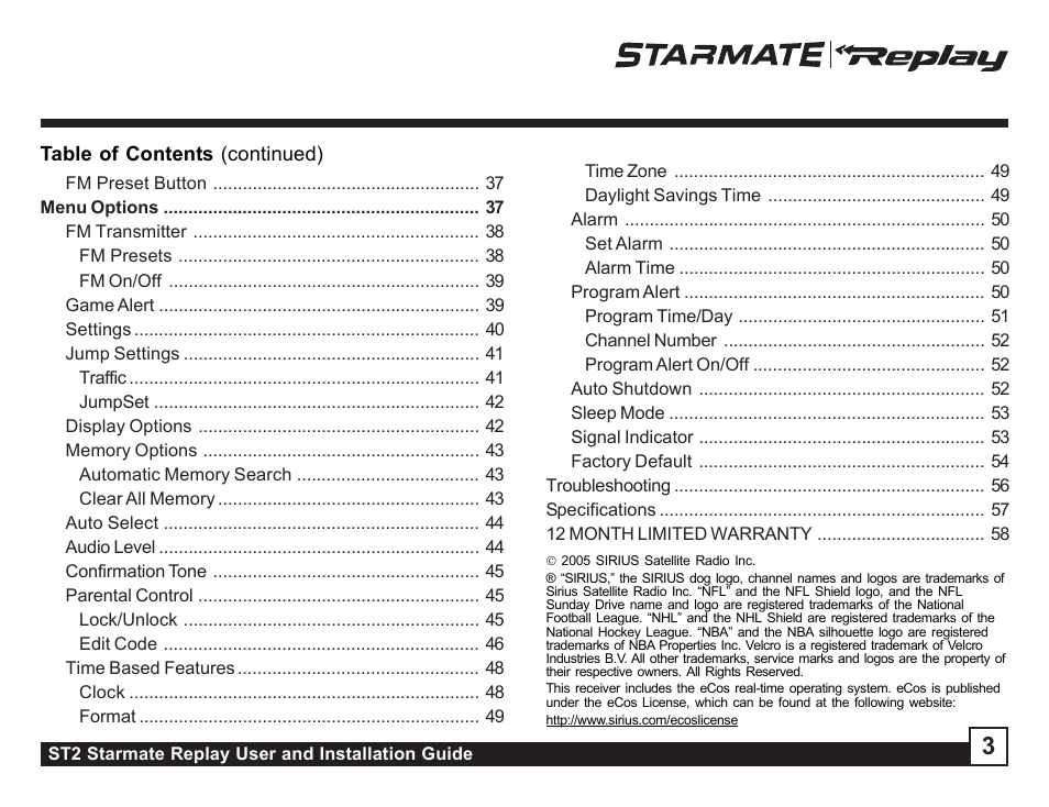 Sirius Satellite Radio STAREMATE REPLAY ST2 User Manual | Page 3 / 60