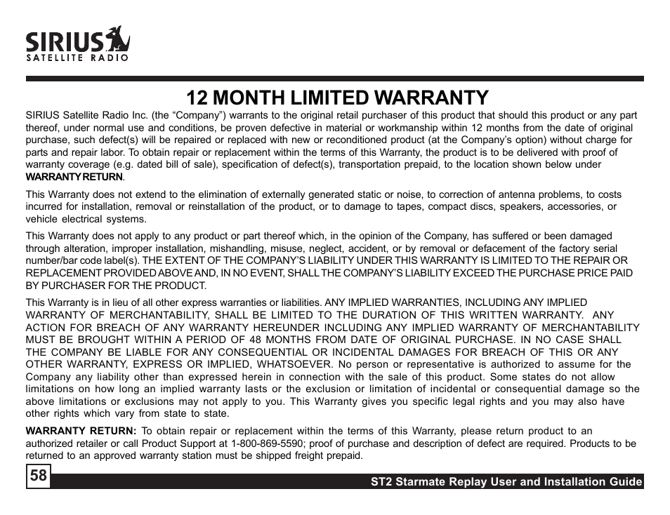 12 month limited warranty | Sirius Satellite Radio STAREMATE REPLAY ST2 User Manual | Page 58 / 60