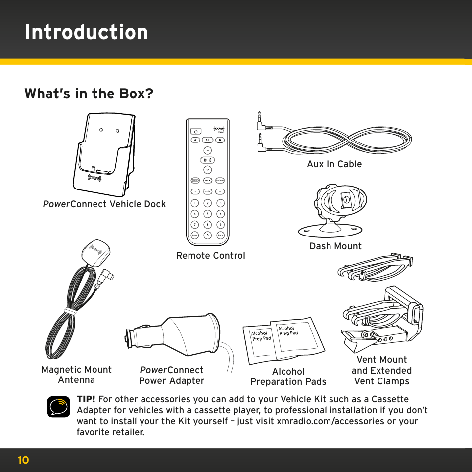 Introduction, What’s in the box | Sirius Satellite Radio PowerConnect XMP3IVKUG0210 User Manual | Page 10 / 68