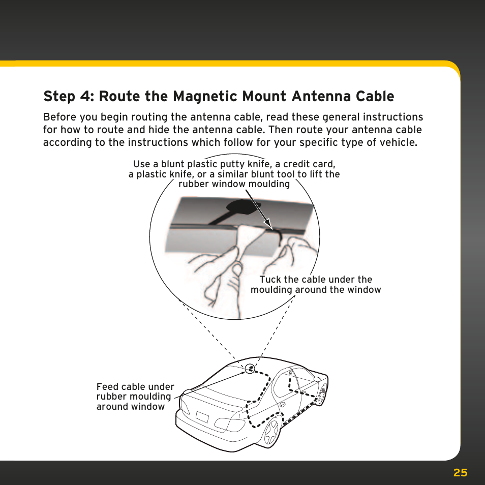 Step 4: route the magnetic mount antenna cable | Sirius Satellite Radio PowerConnect XMP3IVKUG0210 User Manual | Page 25 / 68