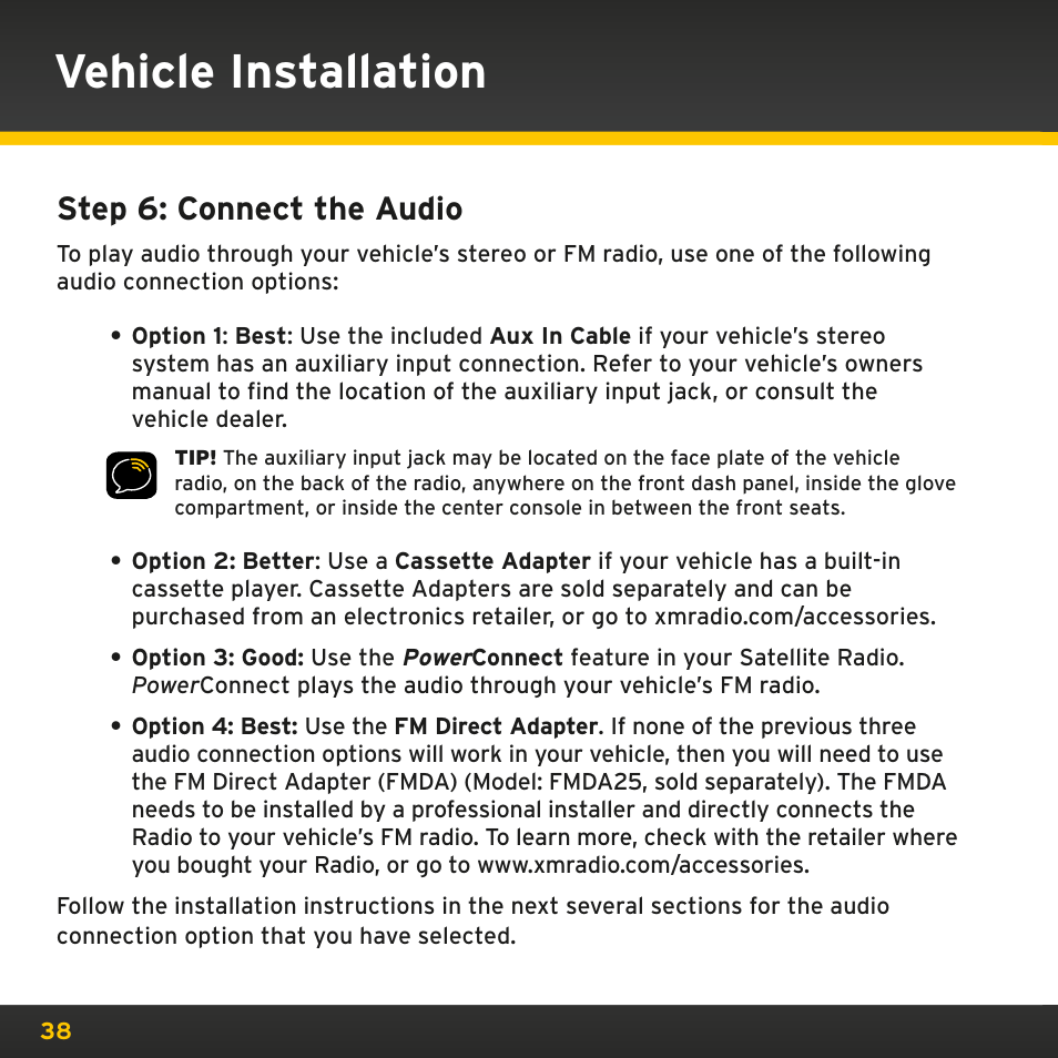 Vehicle installation, Step 6: connect the audio | Sirius Satellite Radio PowerConnect XMP3IVKUG0210 User Manual | Page 38 / 68