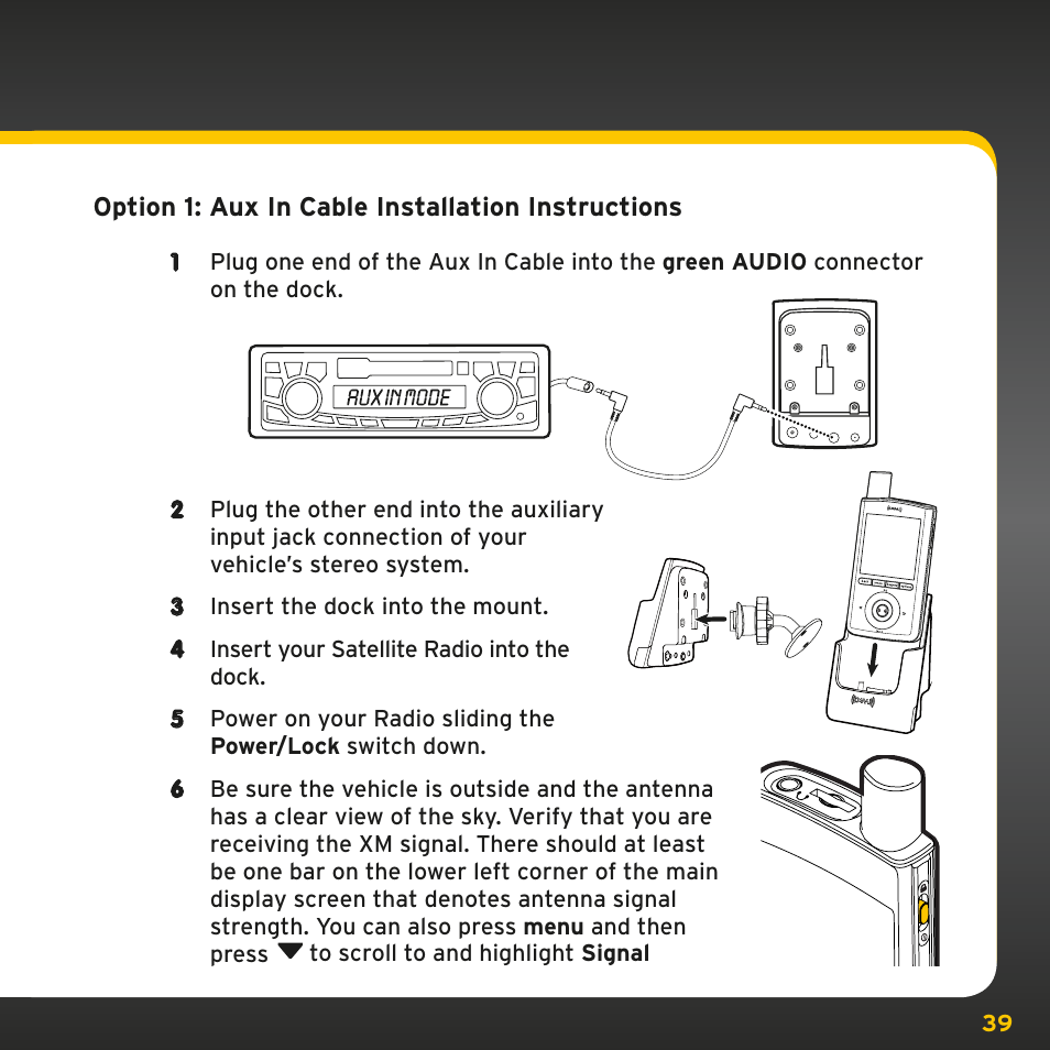 Option 1: aux in cable installation instructions | Sirius Satellite Radio PowerConnect XMP3IVKUG0210 User Manual | Page 39 / 68