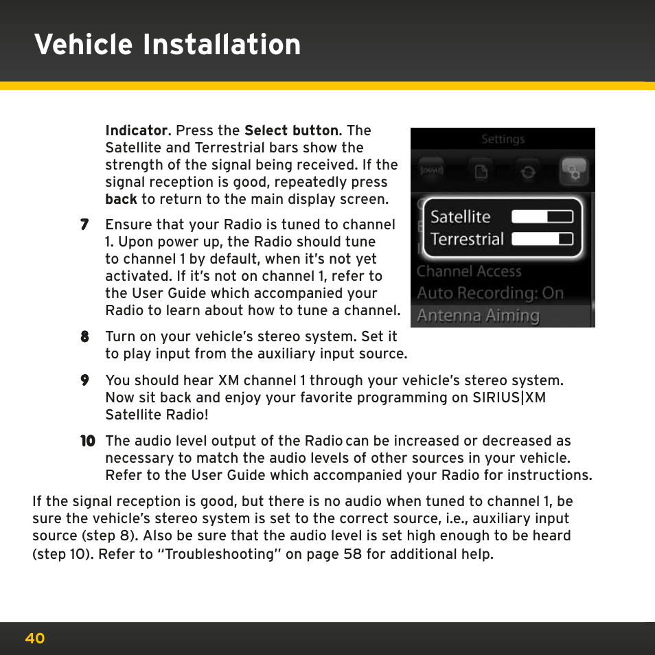 Vehicle installation | Sirius Satellite Radio PowerConnect XMP3IVKUG0210 User Manual | Page 40 / 68