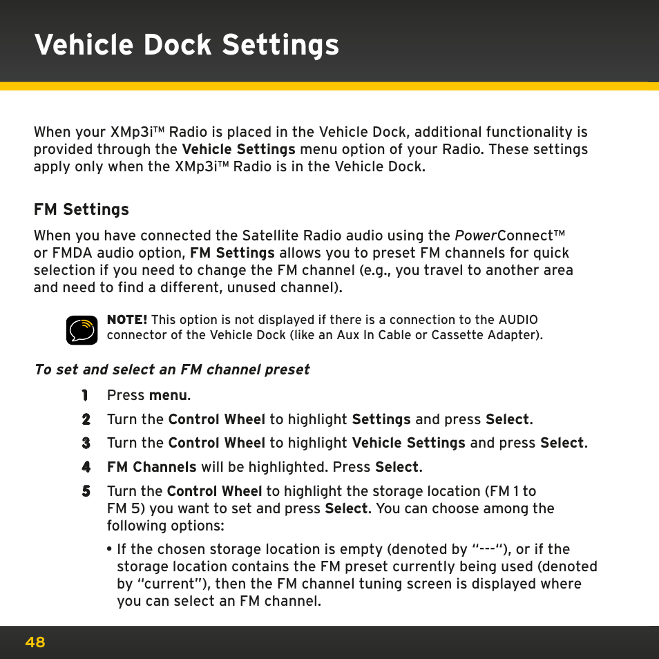 Vehicle dock settings | Sirius Satellite Radio PowerConnect XMP3IVKUG0210 User Manual | Page 48 / 68