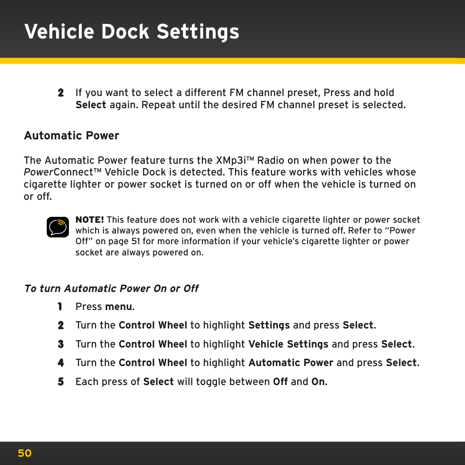 Vehicle dock settings | Sirius Satellite Radio PowerConnect XMP3IVKUG0210 User Manual | Page 50 / 68