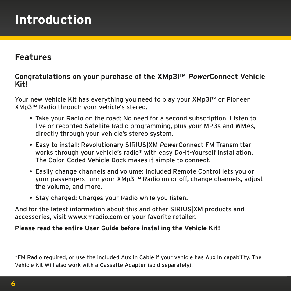 Introduction, Features | Sirius Satellite Radio PowerConnect XMP3IVKUG0210 User Manual | Page 6 / 68