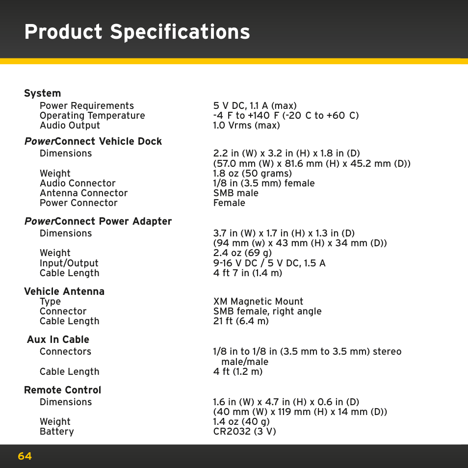 Product specifications | Sirius Satellite Radio PowerConnect XMP3IVKUG0210 User Manual | Page 64 / 68